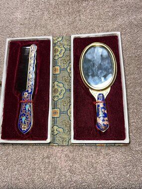 Vintage Cloisonné Mirror Comb Set In Compact Decorative Case Floral Bird Motif